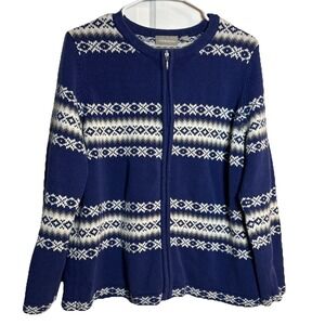 Vintage Croft & Barrow Womens Fair Isle Zip Cardigan Sweater Blue L Cotton Blend